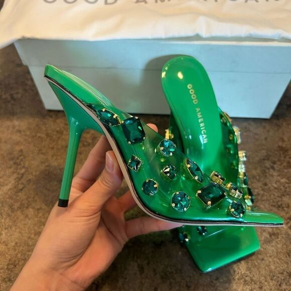 NWT Size 5 Good American Jeweled Emma Slip Heel Summer Green Diamonds - Picture 5 of 13